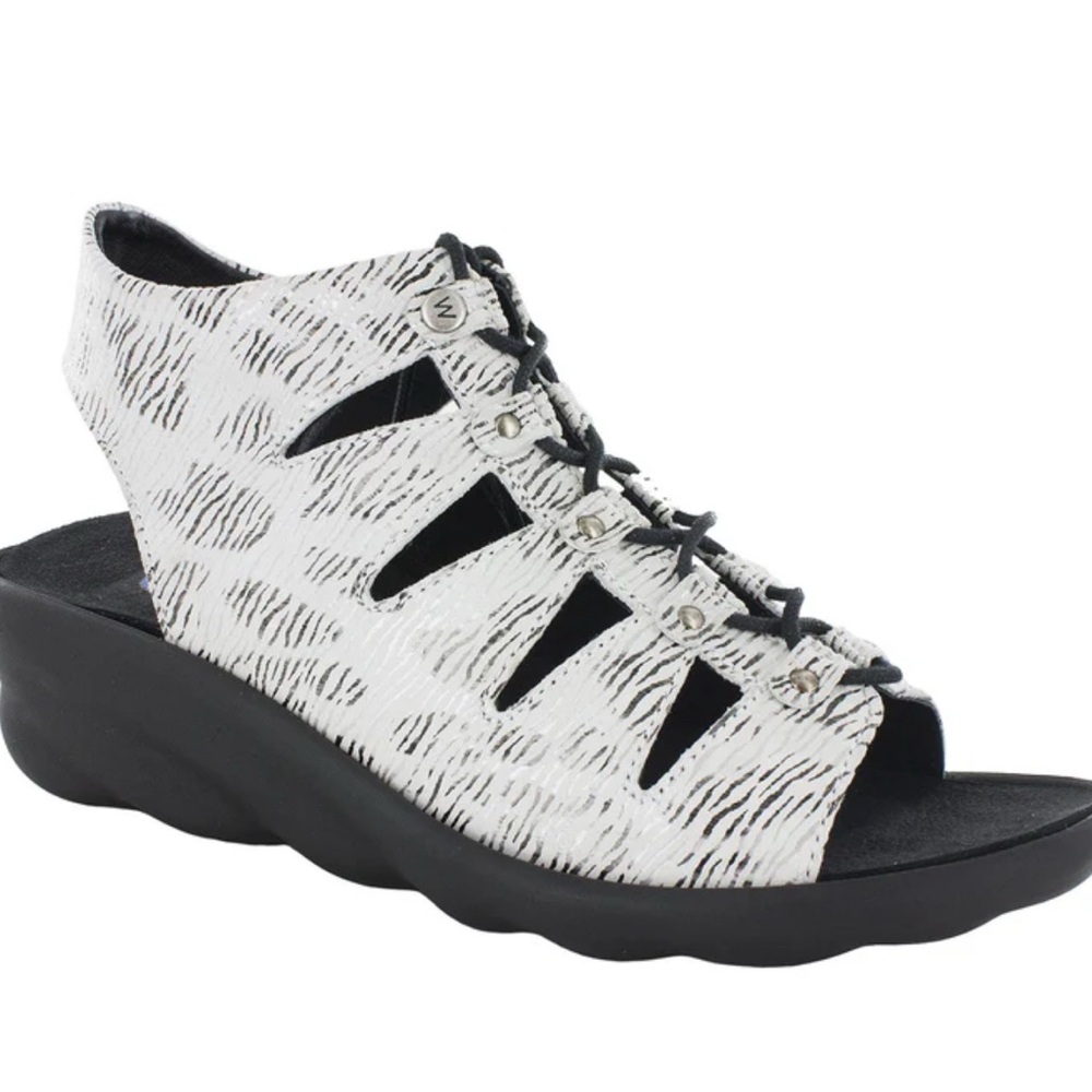 Wolky White and Black Lace-Up Cutout Wedge Sandals